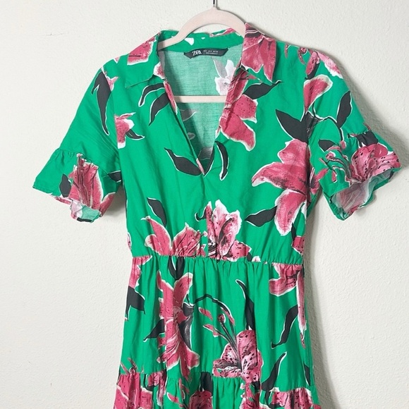 Zara Green Pink Floral Pattern Tiered Midi Dress size small - Picture 7 of 14